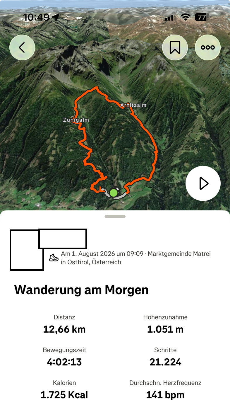 A hike in the Hohe Tauern range as it appears in the original Strava app on an iPhone: a 3D map view with the route traced in orange, plus stats for distance, elevation gain, moving time, steps, calories, and heart rate
